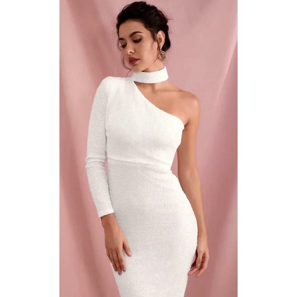 White Sequin Long Sleeve One Shoulder Mock Neck Bodycon Mermaid Maxi Dress NWT - Picture 3 of 8